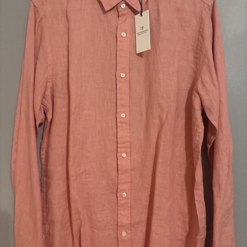 SCOTCH & SODA Men's Coral Linen Regular Fit Button-Up Shirt SZ L NWT - Picture 3 of 9